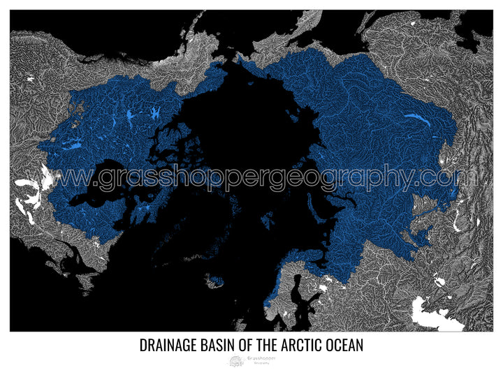 Océano Ártico - Mapa de cuencas de drenaje, negro v1 - Lámina enmarcada