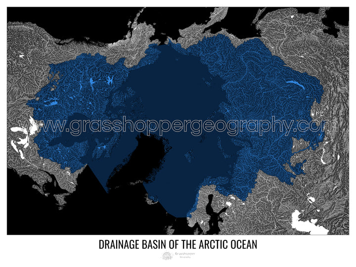 Océan Arctique - Carte des bassins hydrographiques, noir v2 - Tirage d'art avec cintre
