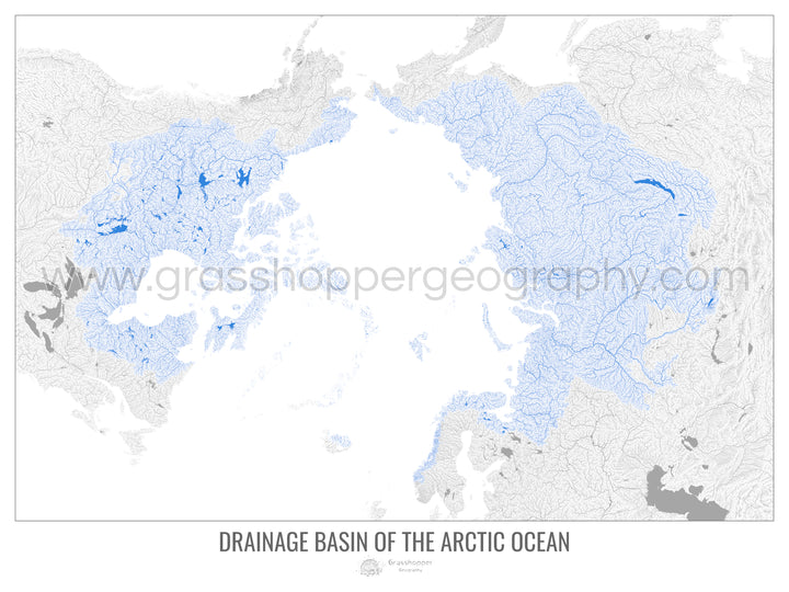 Océan Arctique - Carte des bassins versants, blanc v1 - Impression encadrée