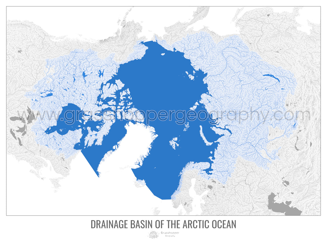 Océano Ártico - Mapa de cuencas de drenaje, blanco v2 - Lámina enmarcada