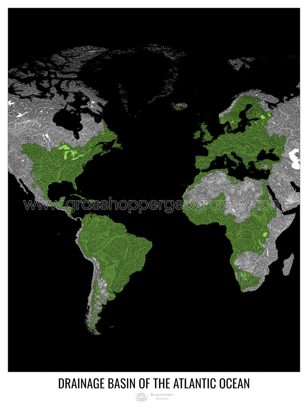 Océan Atlantique - Carte des bassins hydrographiques, noir v1 - Fine Art Print