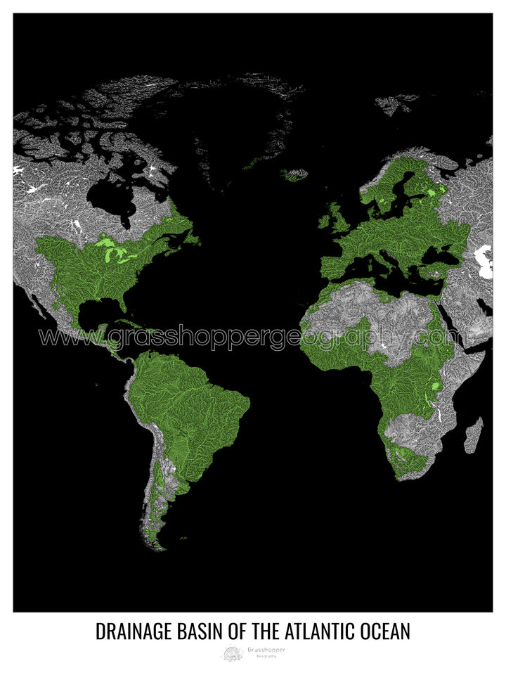 Atlantic Ocean - Drainage basin map, black v1 - Fine Art Print