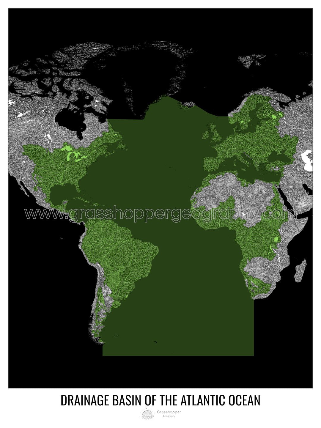 Océano Atlántico - Mapa de la cuenca de drenaje, negro v2 - Impresión de bellas artes