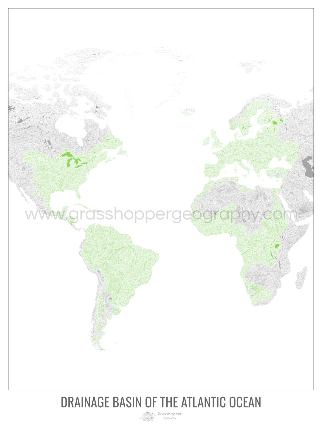 Océan Atlantique - Carte des bassins hydrographiques, blanc v1 - Tirage d'art avec cintre