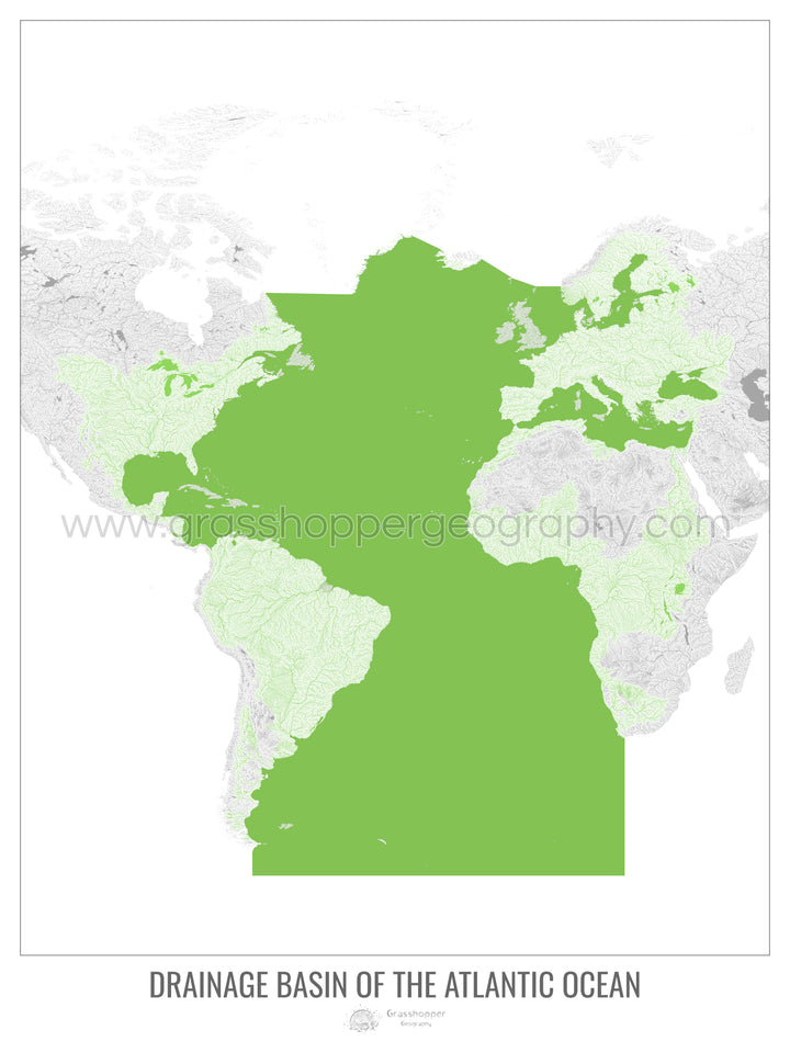 Océano Atlántico - Mapa de la cuenca de drenaje, blanco v2 - Lámina enmarcada