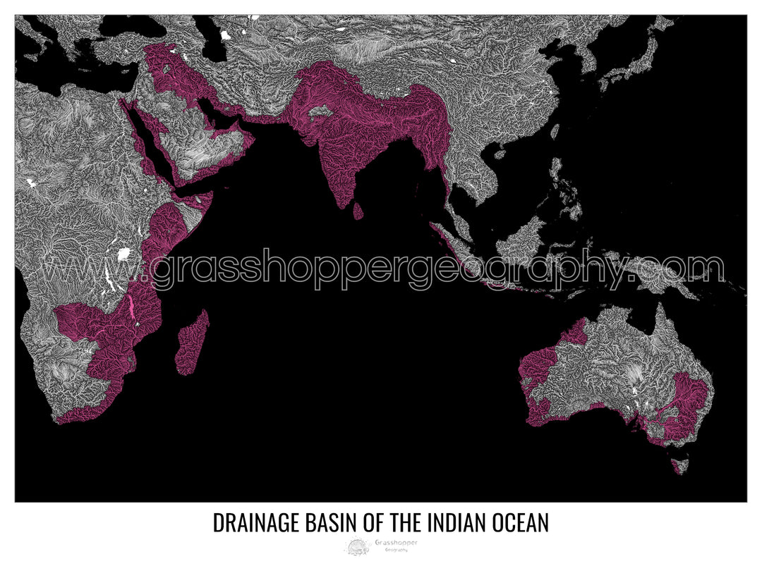 Océan Indien - Carte des bassins versants, noir v1 - Impression encadrée