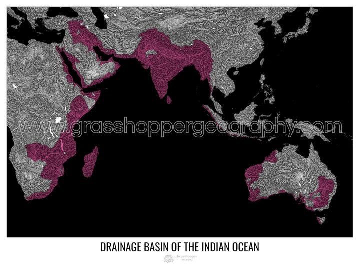 Océano Índico - Mapa de cuencas de drenaje, negro v1 - Lámina enmarcada