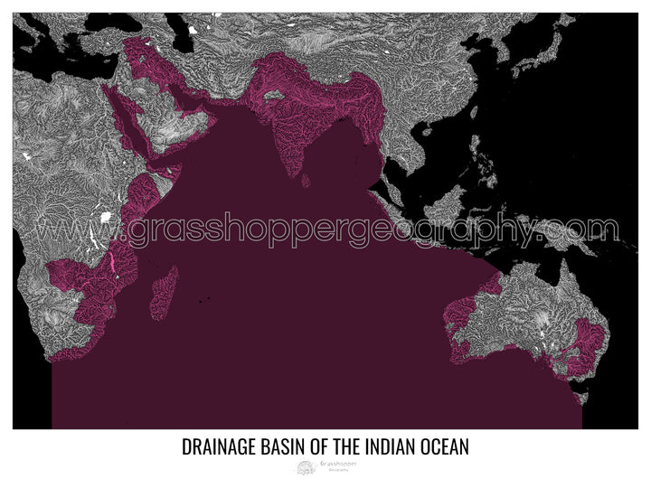 Océano Índico - Mapa de la cuenca de drenaje, negro v2 - Impresión de bellas artes