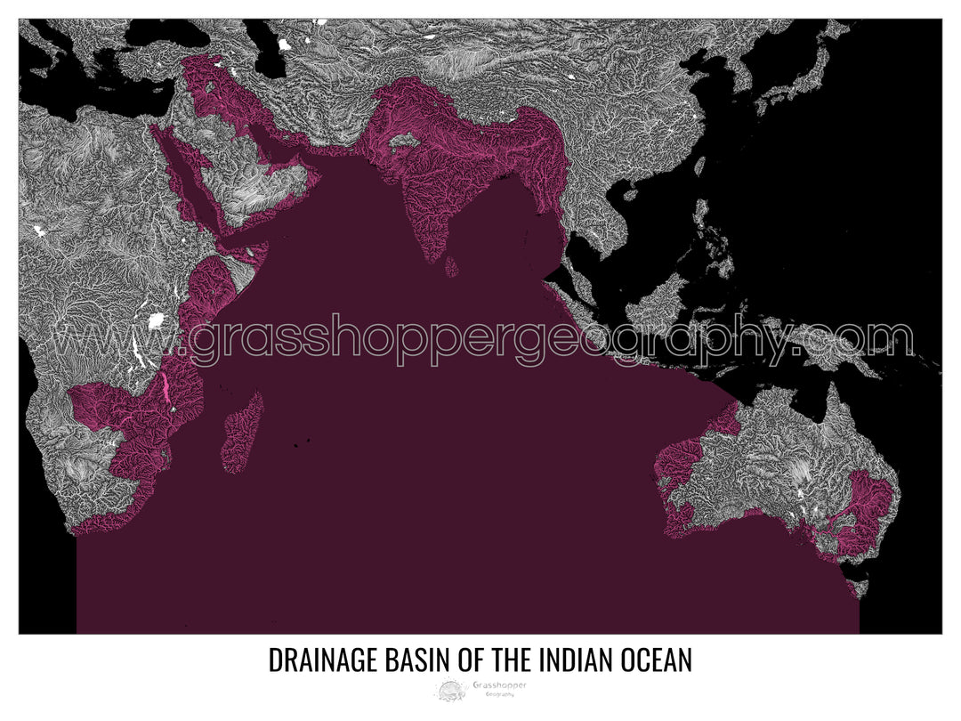 Océan Indien - Carte des bassins hydrographiques, noir v2 - Tableau photo - Tirage d'art