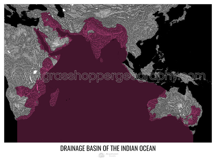 Océano Índico - Mapa de la cuenca de drenaje, negro v2 - Impresión artística con colgador