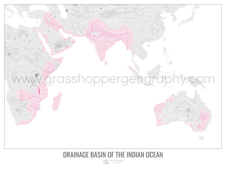 Océano Índico - Mapa de cuencas de drenaje, blanco v1 - Lámina enmarcada
