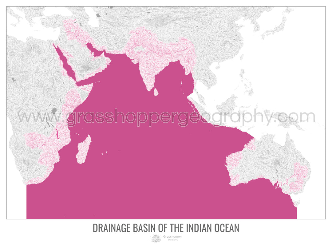 Océan Indien - Carte des bassins versants, blanc v2 - Impression encadrée