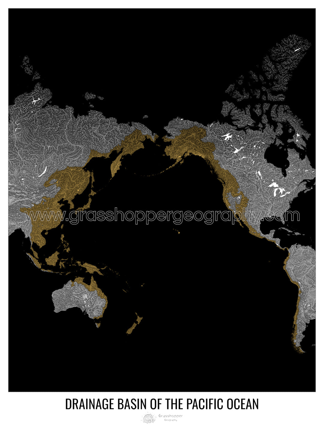 Pacific Ocean - Drainage basin map, black v1 - Fine Art Print with Hanger