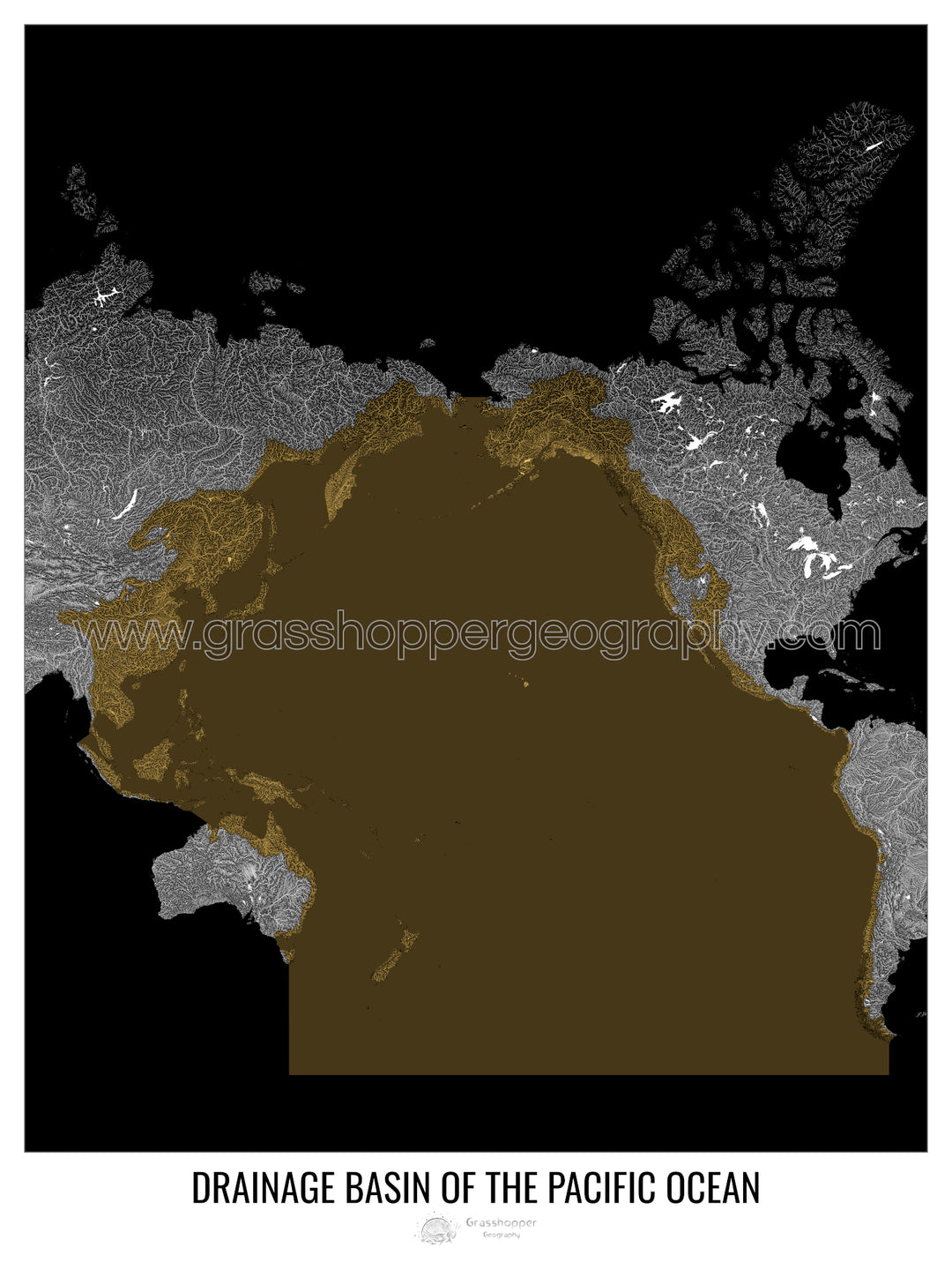 Océano Pacífico - Mapa de la cuenca de drenaje, negro v2 - Lámina enmarcada