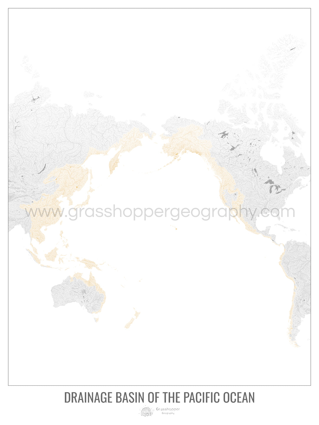 Océano Pacífico - Mapa de cuencas de drenaje, blanco v1 - Lámina enmarcada