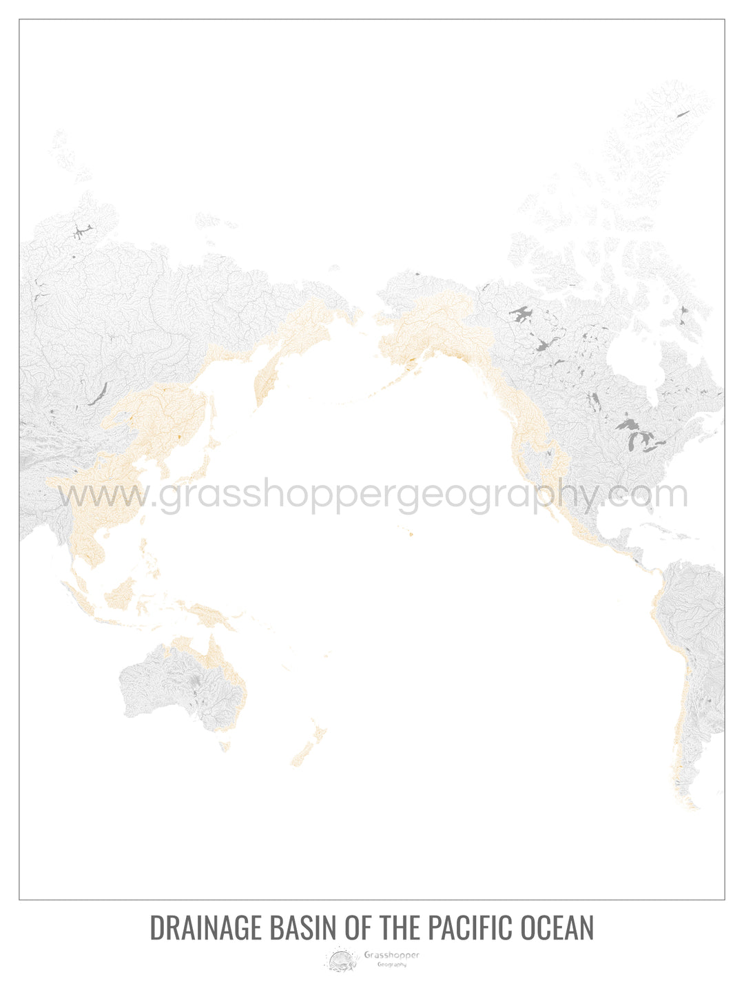 Océan Pacifique - Carte des bassins versants, blanc v1 - Impression encadrée