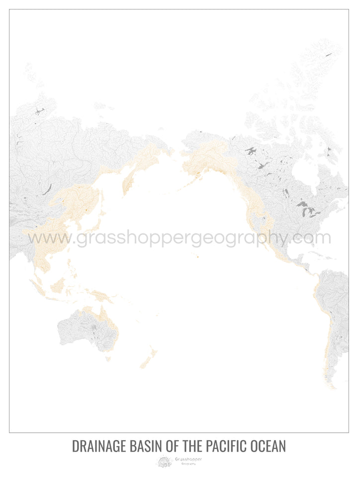 Océano Pacífico - Mapa de cuencas de drenaje, blanco v1 - Lámina enmarcada