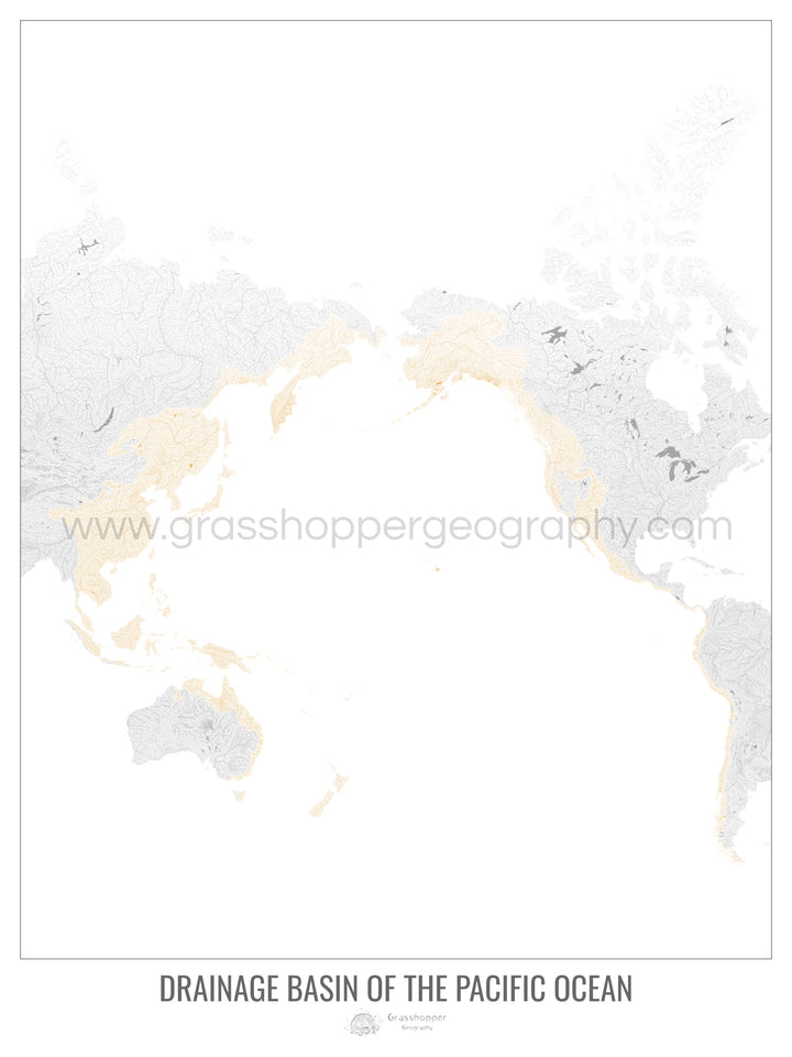 Oceano Pacífico - Mapa de bacia de drenagem, branco v1 - Impressão emoldurada