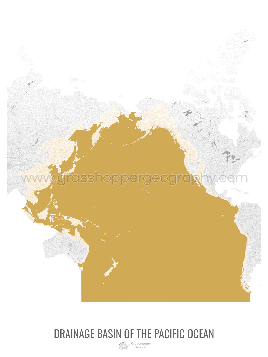 Océano Pacífico - Mapa de la cuenca de drenaje, blanco v2 - Impresión de bellas artes