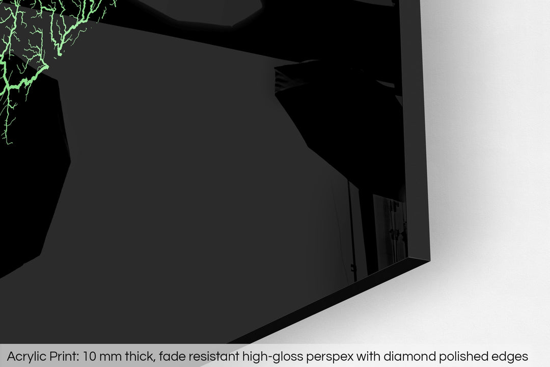 Closeup of an acrylic panel's corner, the details of a Grasshopper Geography map is visible. The text at the bottom reads: Acrylic print - 10 mm thick, fade reistant high-gloss perspex with diamond polished edges.