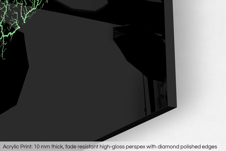 Closeup of an acrylic panel's corner, the details of a Grasshopper Geography map is visible. The text at the bottom reads: Acrylic print - 10 mm thick, fade reistant high-gloss perspex with diamond polished edges.