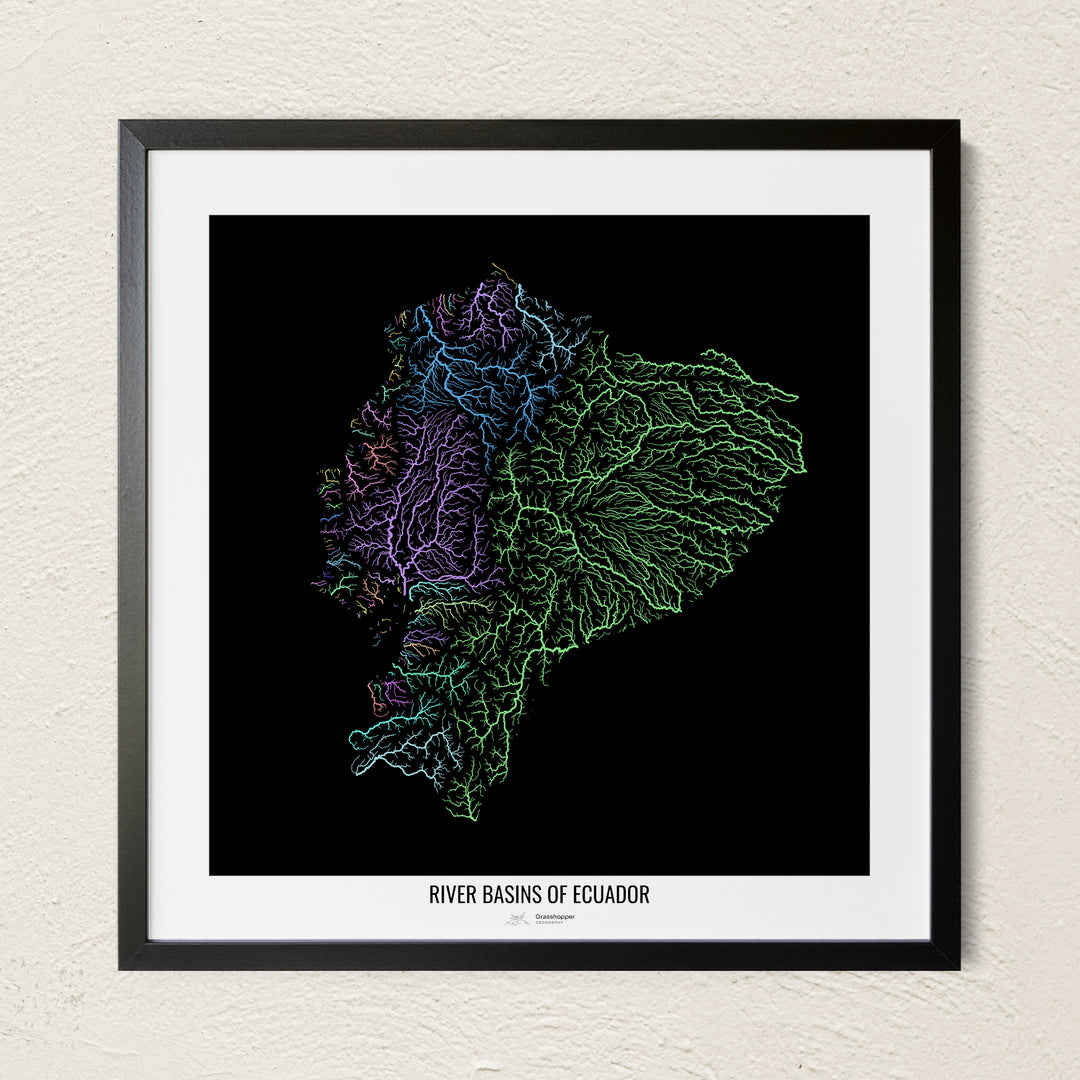 A colorful Grasshopper Geography river map on a light wall. The premium fine art poster is in a black frame with a white border. The name of the country, continent or region is printed under the image.