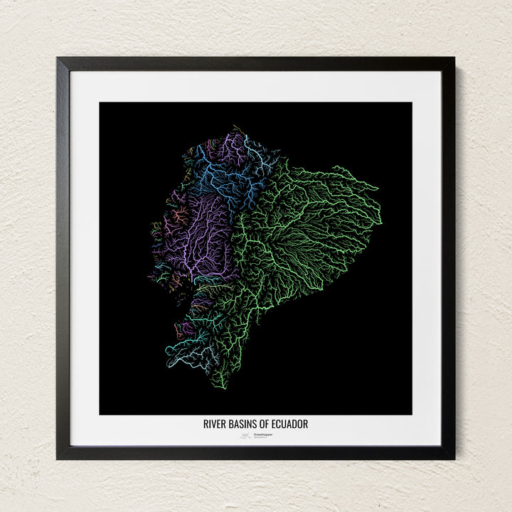 A colorful Grasshopper Geography river map on a light wall. The premium fine art poster is in a black frame with a white border. The name of the country, continent or region is printed under the image.