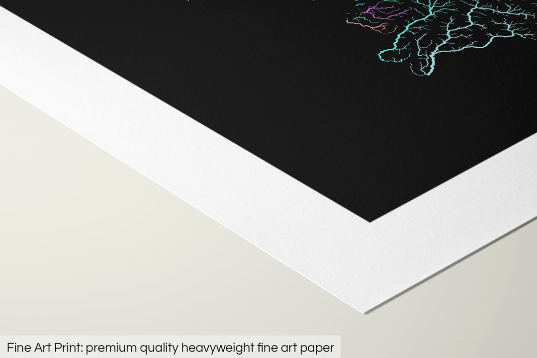 Closeup of a fine art print's corner lying on a flat surface, the details of a Grasshopper Geography map is visible. The text at the bottom reads: Fine art print - premium quality heavyweight fine art paper.