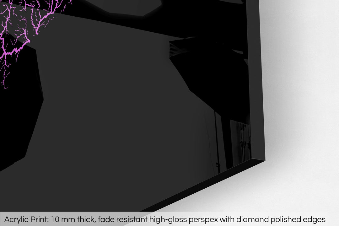 Closeup of an acrylic panel's corner, the details of a Grasshopper Geography map is visible. The text at the bottom reads: Acrylic print - 10 mm thick, fade reistant high-gloss perspex with diamond polished edges.