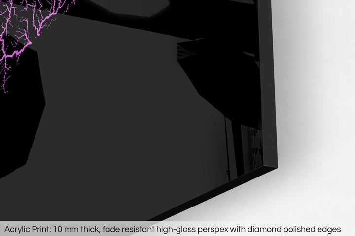 Closeup of an acrylic panel's corner, the details of a Grasshopper Geography map is visible. The text at the bottom reads: Acrylic print - 10 mm thick, fade reistant high-gloss perspex with diamond polished edges.