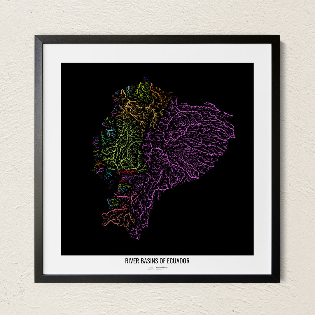 A colorful Grasshopper Geography river map on a light wall. The premium fine art poster is in a black frame with a white border. The name of the country, continent or region is printed under the image.