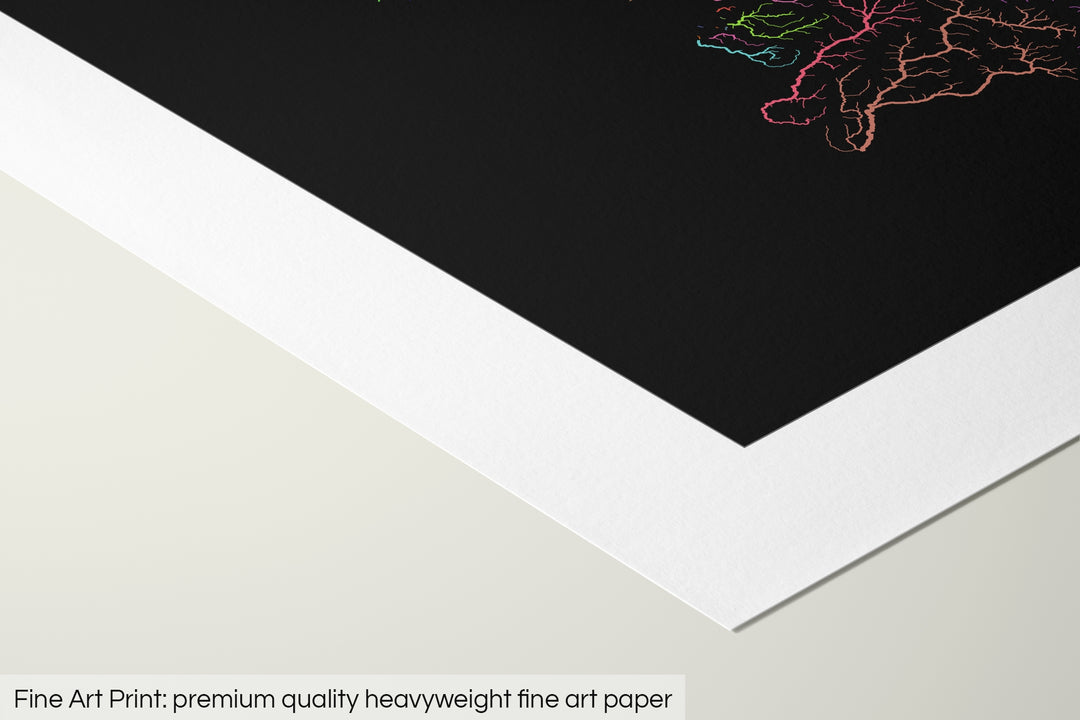 Closeup of a fine art print's corner lying on a flat surface, the details of a Grasshopper Geography map is visible. The text at the bottom reads: Fine art print - premium quality heavyweight fine art paper.
