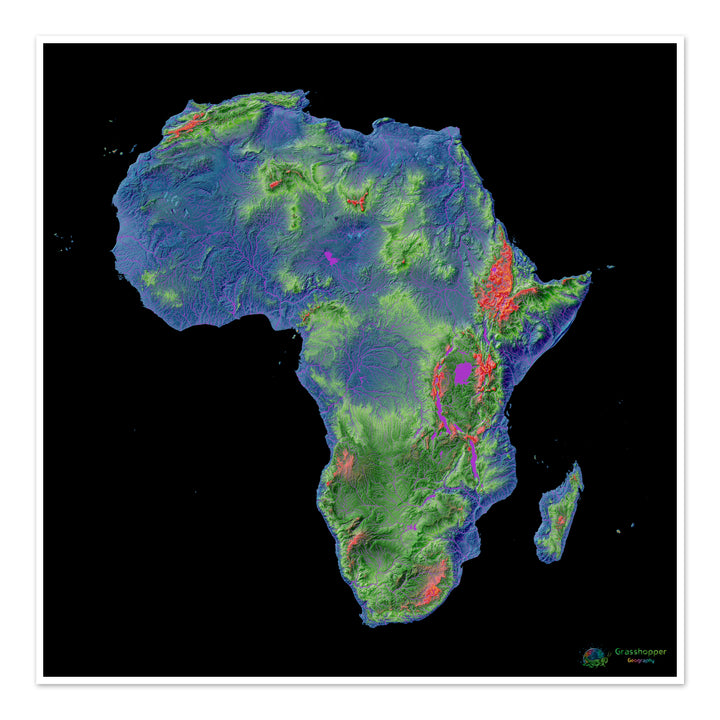 Afrique - Carte d'élévation, noir - Tirage d'art