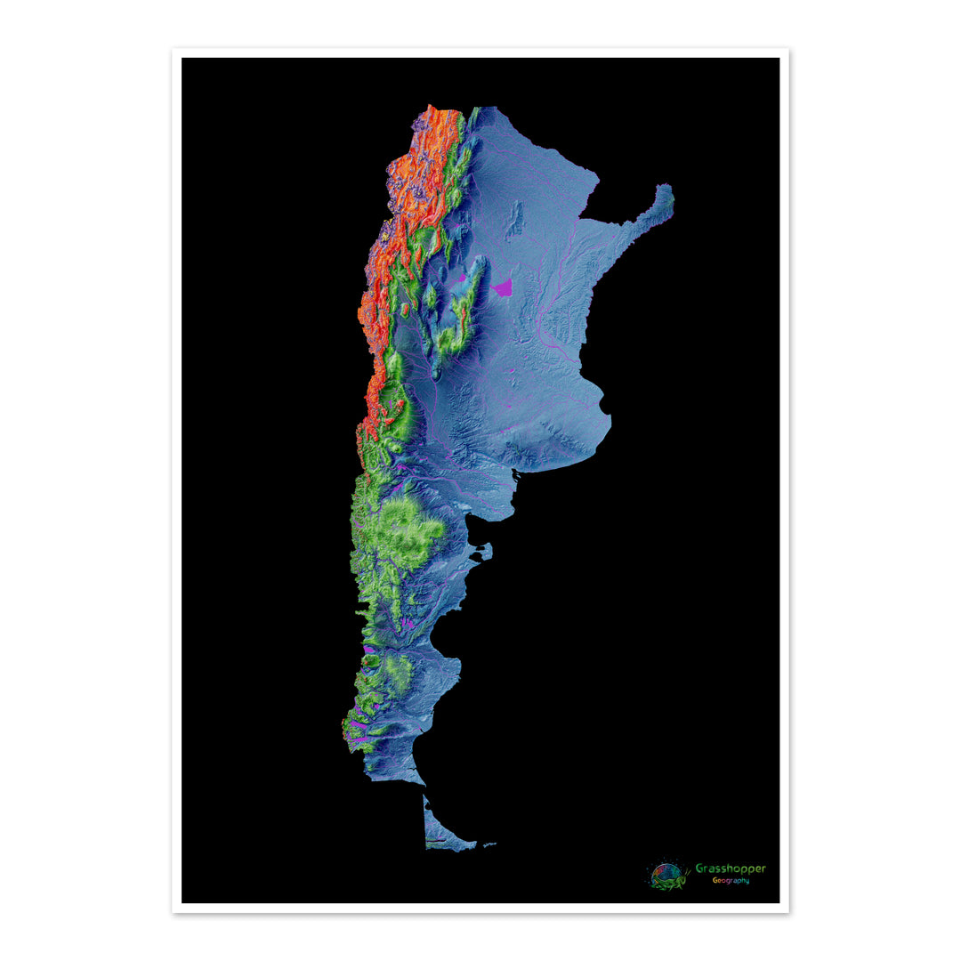 Argentina - Elevation map, black - Fine Art Print