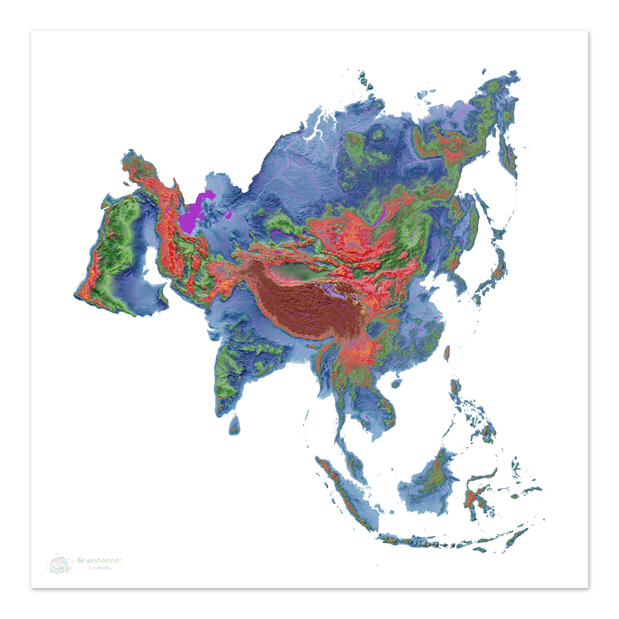 Asia Height Map Asia - Elevation map, white - Fine Art Print – Grasshopper Geography