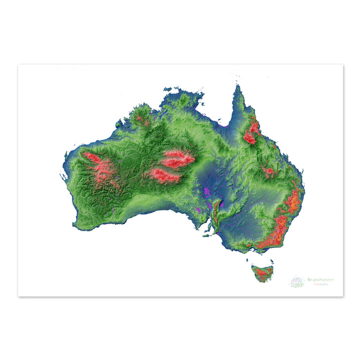 Australia - Mapa de elevación, blanco - Impresión de Bellas Artes