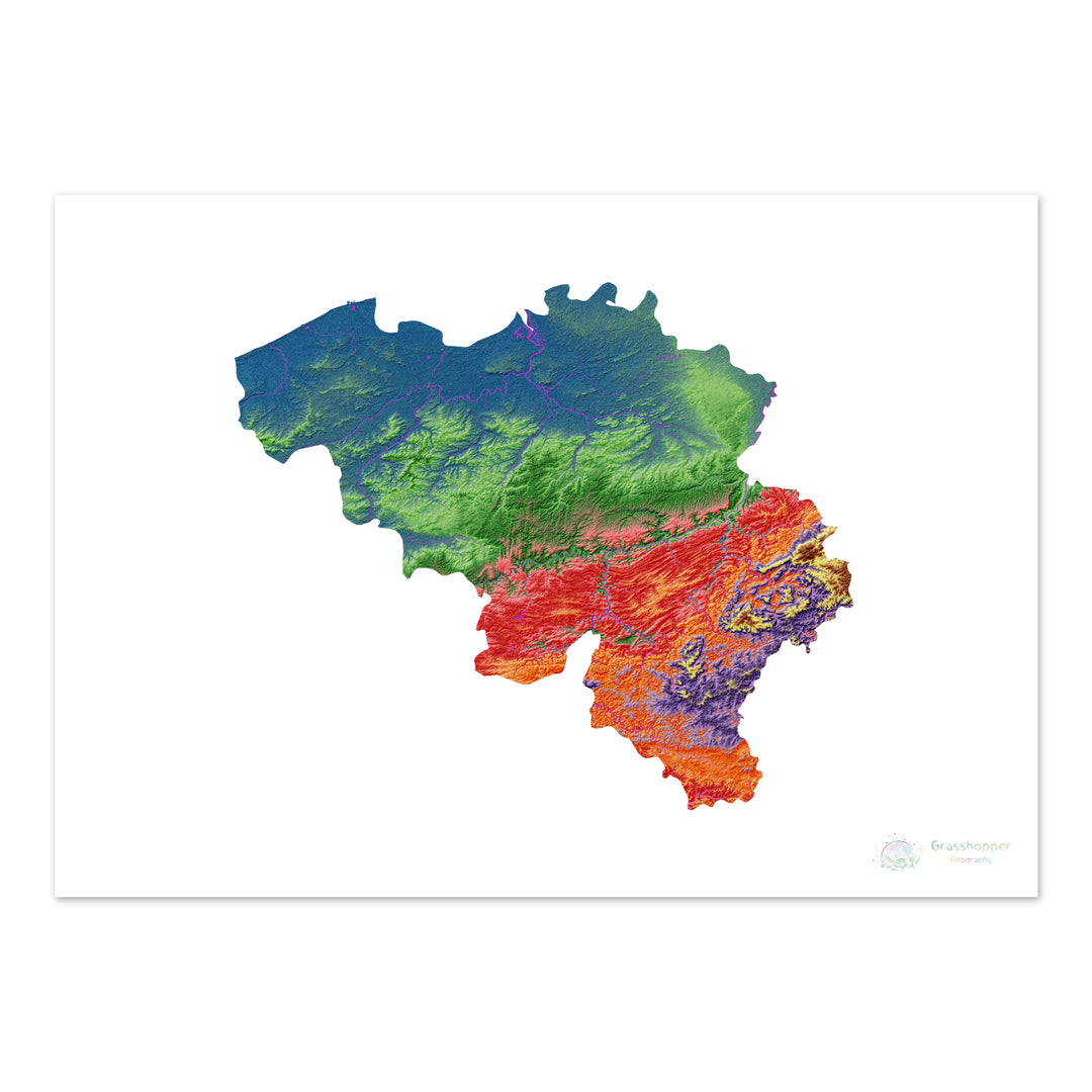 Bélgica - Mapa de elevación, blanco - Impresión de bellas artes