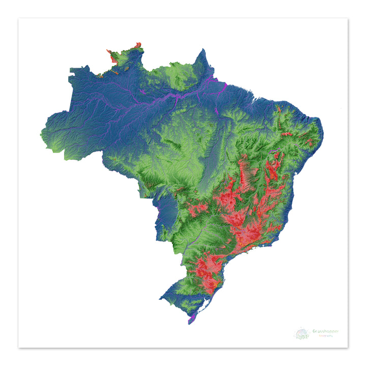 Brazil - Elevation map, white - Fine Art Print