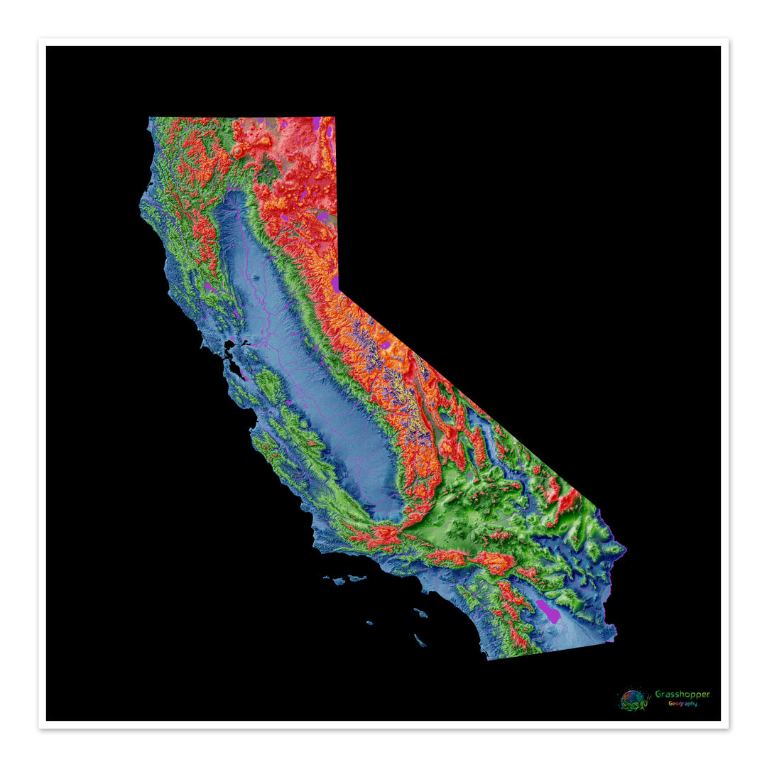 California - Mapa de elevación, negro - Impresión de Bellas Artes