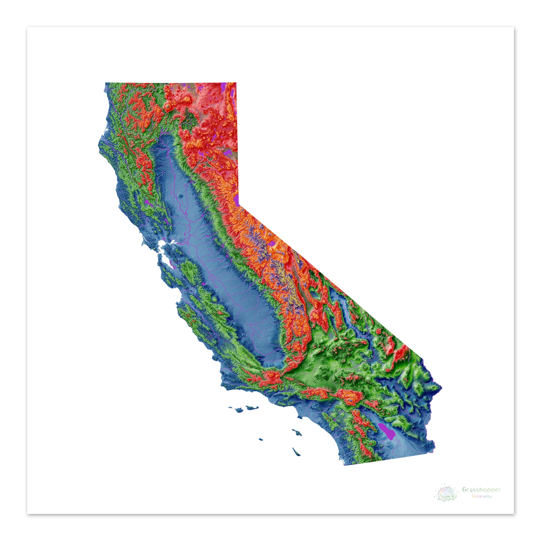 California - Elevation map, white - Fine Art Print – Grasshopper Geography