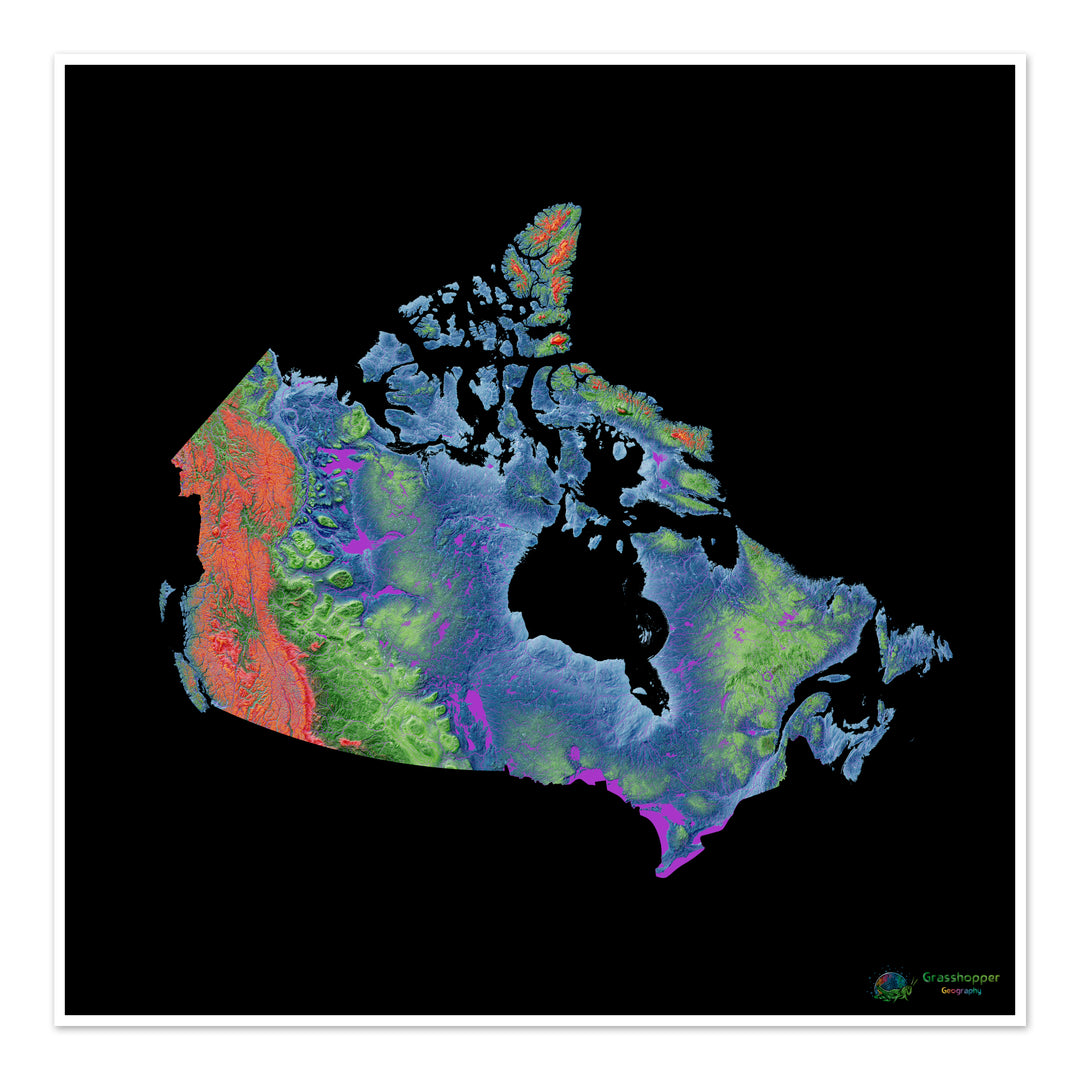 Elevation map of Canada with black background - Fine Art Print