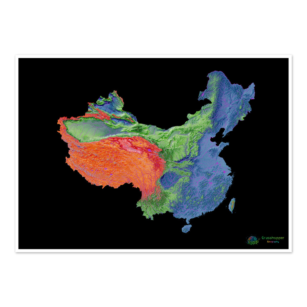 China and Taiwan - Elevation map, black - Fine Art Print