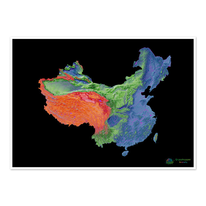 China y Taiwán - Mapa de elevación, negro - Impresión de Bellas Artes