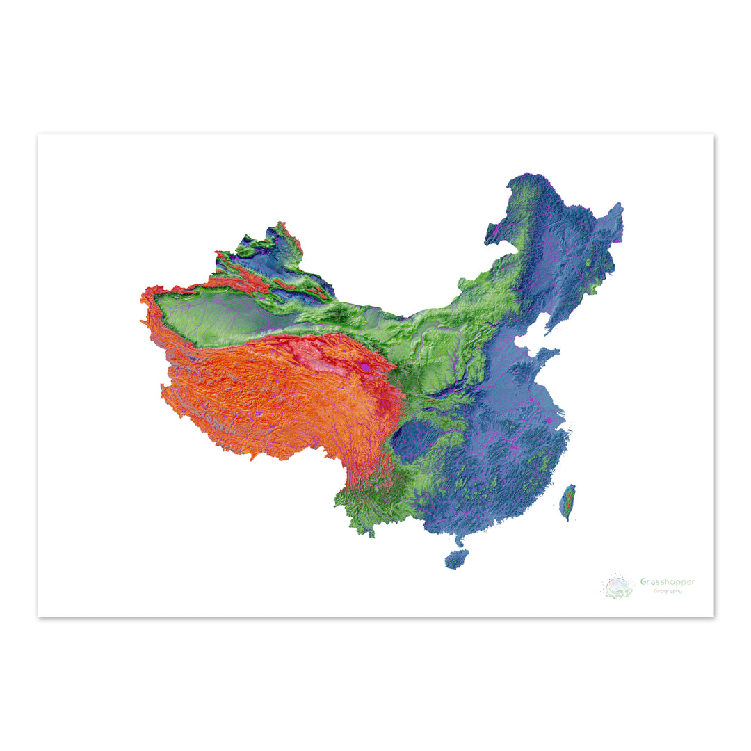 Elevation map of China and Taiwan with white background - Fine Art Print