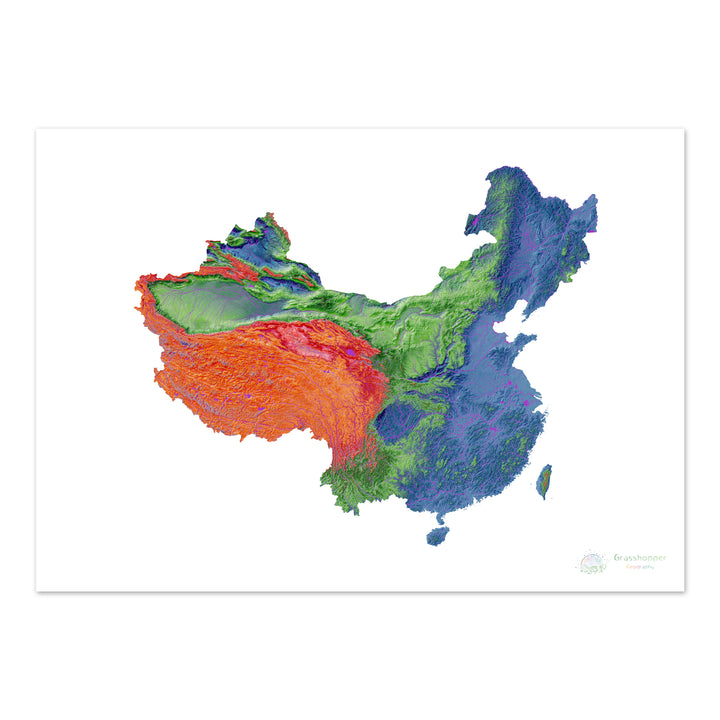 China and Taiwan - Elevation map, white - Fine Art Print