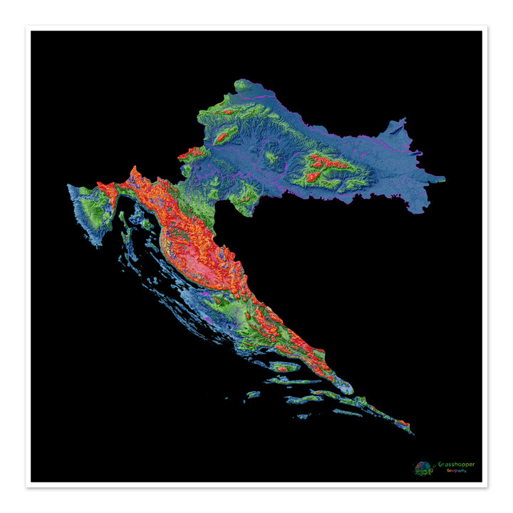 Croacia - Mapa de elevación, negro - Impresión de bellas artes