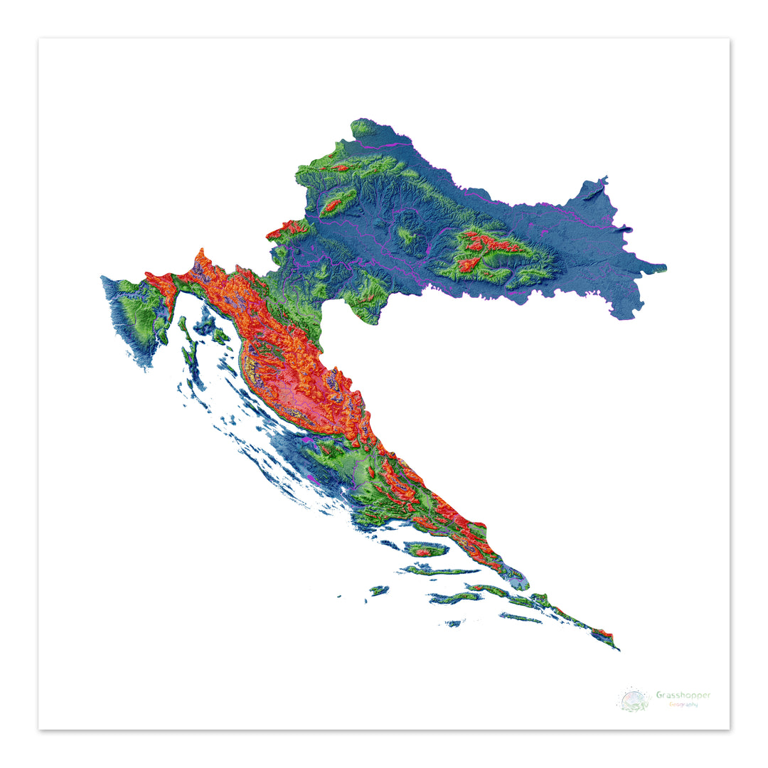 Elevation map of Croatia with white background - Fine Art Print