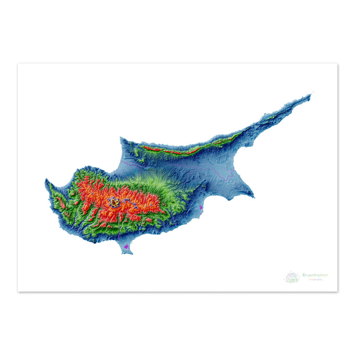 Кипр - Карта высот, белая - Fine Art Print