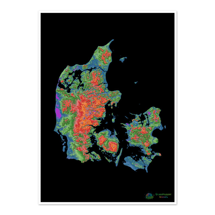 Denmark - Elevation map, black - Fine Art Print