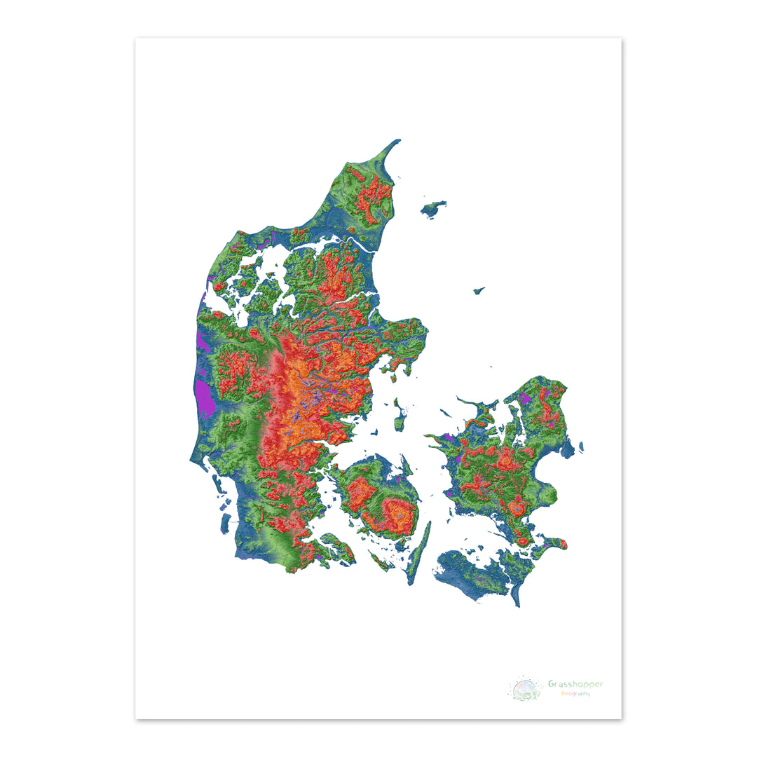 Denmark - Elevation map, white - Fine Art Print